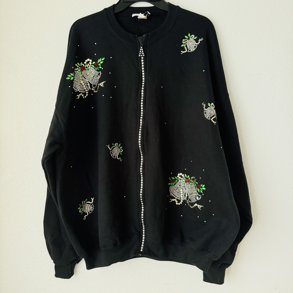 Vintage Y2k Christmas Rhinestone Full‎ Zip Sweatshirt Sz 2X Silver Bells NWT $75